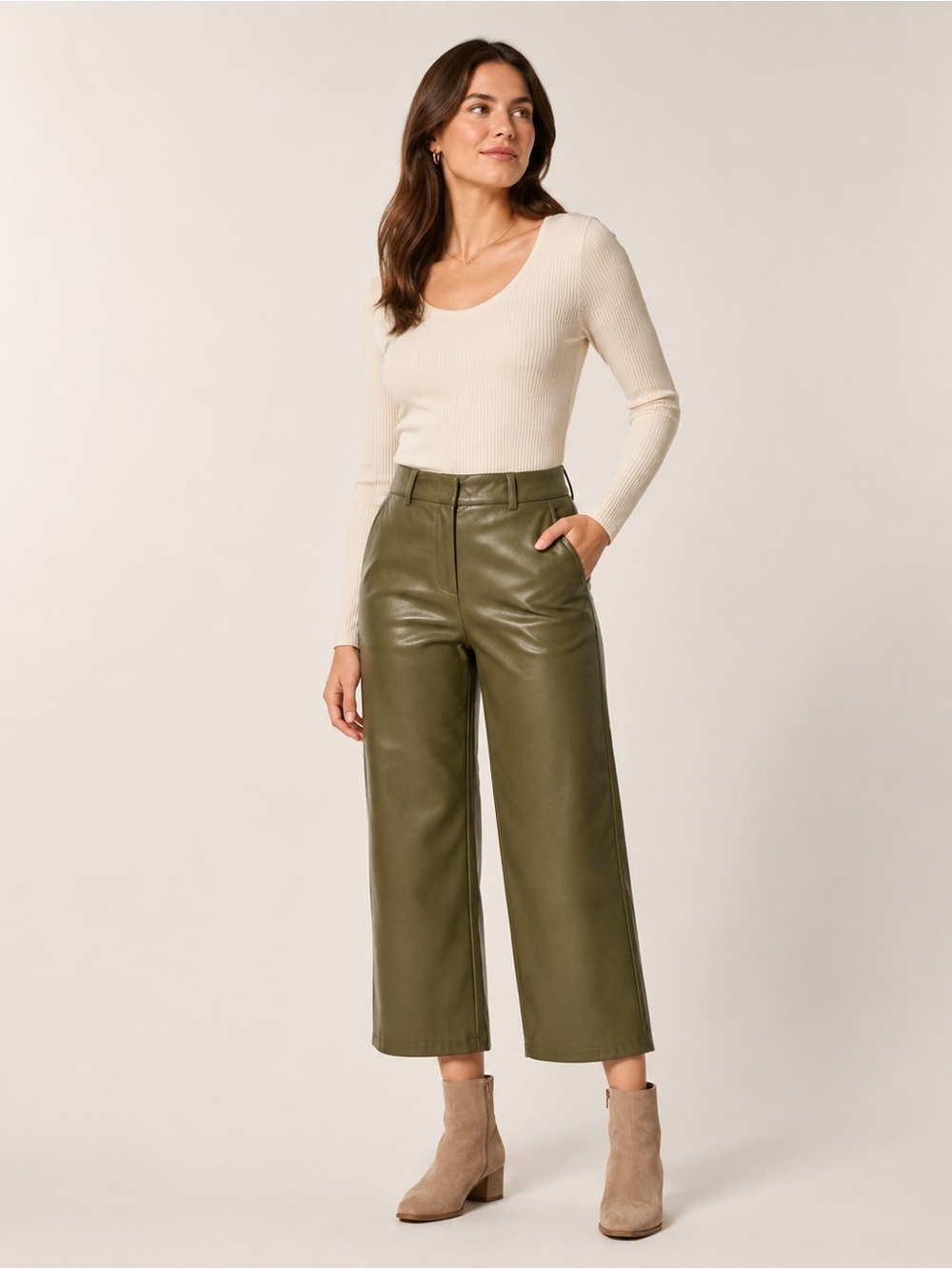 NWOT Aritzia Babaton Olive Faux Leather Wide Leg Pants Size 10